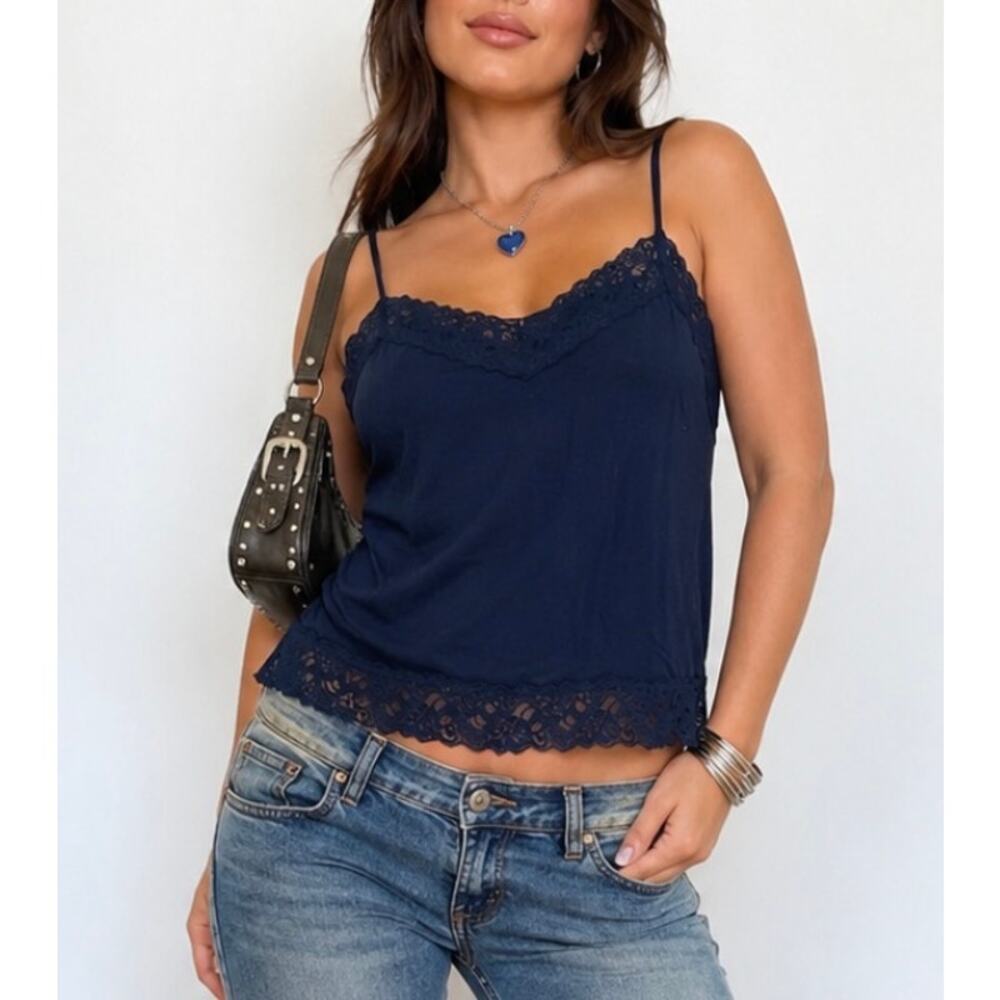 Relativity Intimates Navy Lace Trim Cami Tank Size XL